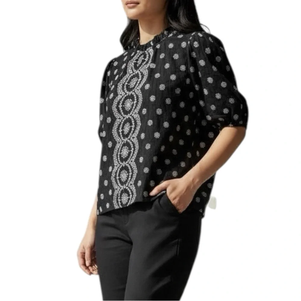 Loft Black and White Embroidered Eyelet Puff Sleeve High Neck Boho Top Size L